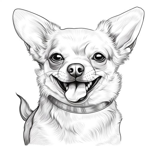 children's coloring book. no shading. black and white lines. no grayscale. a chihuahua puppuy smiling.