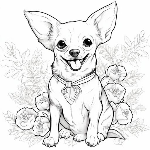 children's coloring book. no shading. black and white lines. no grayscale. a chihuahua puppuy smiling.