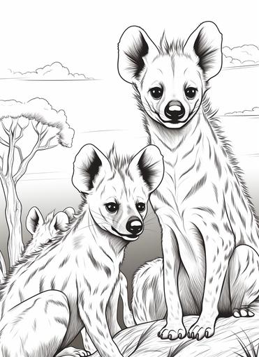 children's coloring page for kids , hyenas in African bush, cartoon style , thick lines, low detail, no shading --ar 8:11