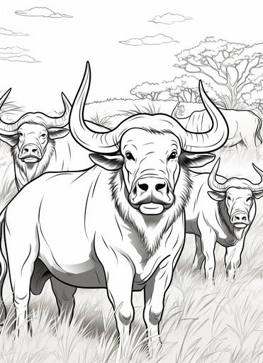 children's coloring page for kids ,3 African buffalos, cartoon style , thick lines, low detail, no shading --ar 8:11