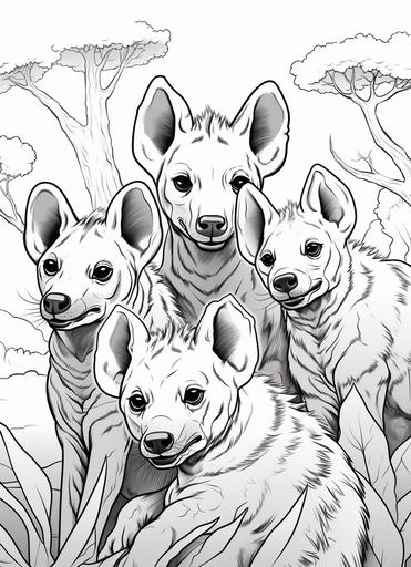 children's coloring page for kids ,5 hyenas are sleeping , cartoon style , thick lines, low detail, no shading --ar 8:11
