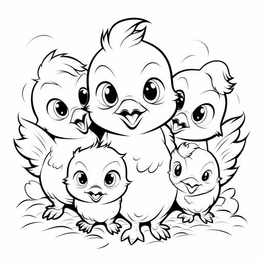 childrens colouring book, baby farm animals, chickens, thick lines, no shading, cartoon style, black and white ar 9:11