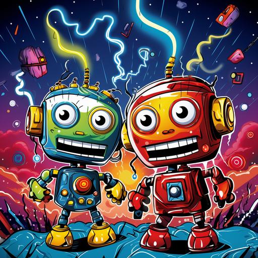 children's colouring book, cartoon robots, lightning bolts above heads, vivid colours, animated - ar 9:11