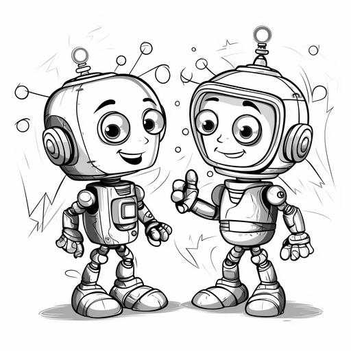 children's colouring book, cartoon robots with lightbulbs, thick lines, no shading, black and white, animated - ar 9:11