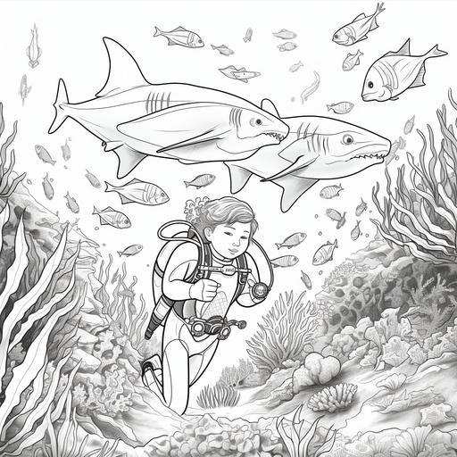 children's colouring book, cartoon underwater theme, scuba divers surrounded by sharks and fish, thick lines, no shading, no colour, animated - ar 9:11