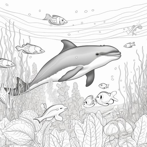 children's colouring book, cute underwater animals, whales, thick lines, no shading, animated, black and white - ar 9:11