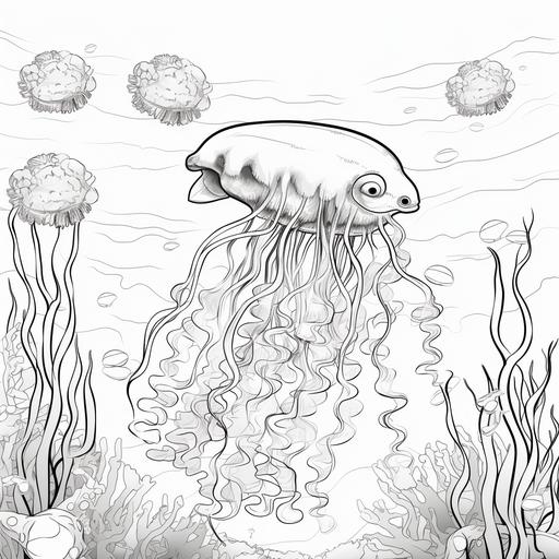 children's colouring book, underwater animals, jelly fish, thick lines, no shading, animated, black and white - ar 9:11