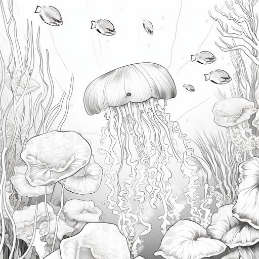 children's colouring book, underwater animals, jelly fish, thick lines, no shading, animated, black and white - ar 9:11