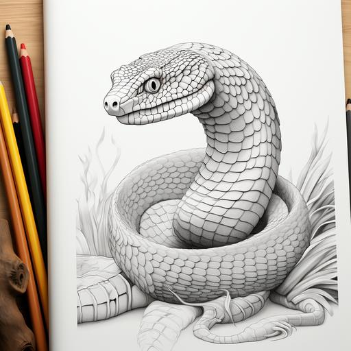 children's colouring pages, cartoon style reptiles, cobra, thick lines, low detail, no colour, no shading, black and white, white background - ar 9:11