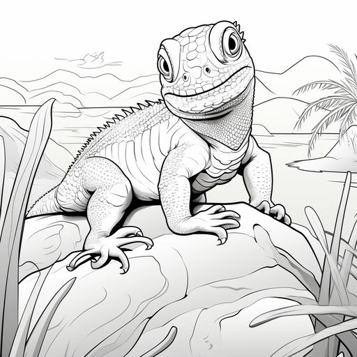 children's colouring pages, cartoon style reptiles, gecko, thick lines, low detail, no colour, no shading, black and white, white background - ar 9:11