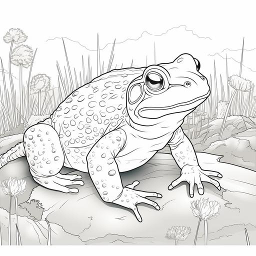 children's colouring pages, cartoon style reptiles, toads, thick lines, low detail, no colour, no shading, black and white, white background - ar 9:11