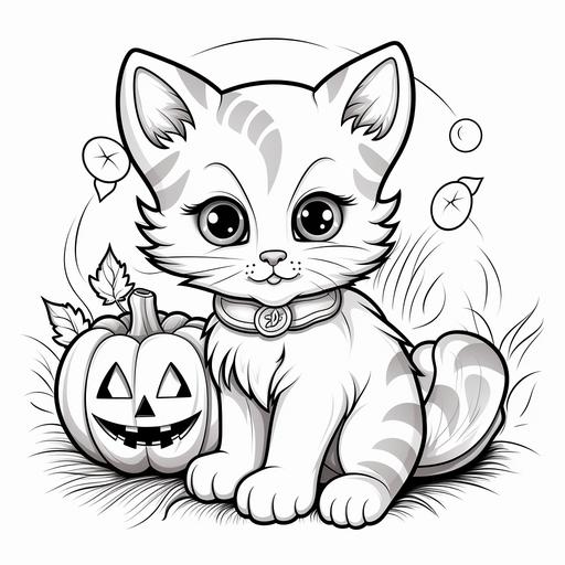children's colouring pages, cute halloween cartoon style , cute cat with pumpkin, thick lines, low detail, no colour, no shading - ar 9:11