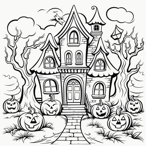 children's colouring pages, cute halloween cartoon style , haunted house, thick lines, low detail, no colour, no shading - ar 9:11