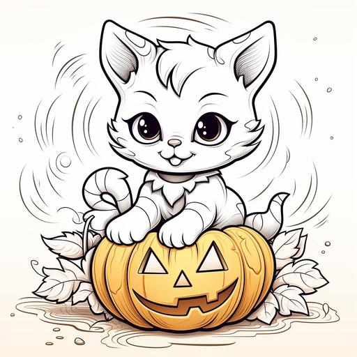 children's colouring pages, cute halloween cartoon style , cute cat with pumpkin, thick lines, low detail, no colour, no shading - ar 9:11