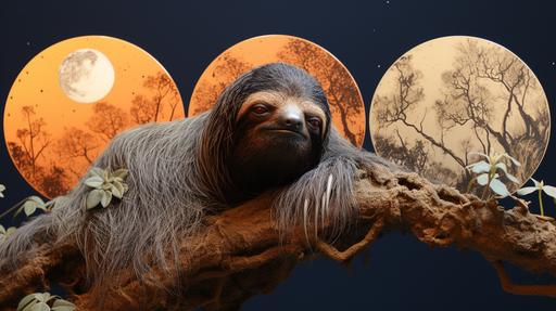 sloth like HP Lovecraft in a harvest moon cosmic node of mystical significance; whimsical, style of 1960s Dungeons and Dragons psychedelic record covers, muted tones --ar 16:9 --s 750 --style raw