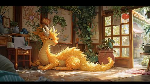 chilldrens book weater color durian dragon in dog pose, super cute family scene --ar 16:9 --v 6.0