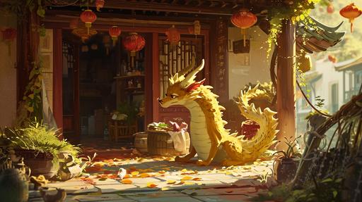 chilldrens book weater color durian dragon in dog pose, super cute family scene --ar 16:9 --v 6.0