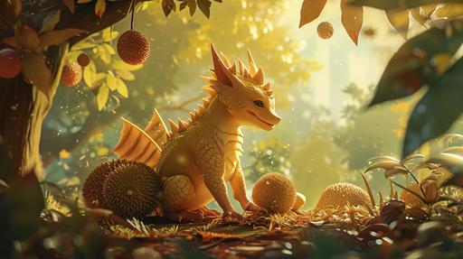 chilldrens book weater color durian dragon in dog pose, super cute family scene --ar 16:9 --v 6.0