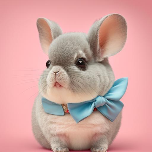 chinchilla wearing a baby blue bow, with pink accessories, in a pink background with lots of sweet elements