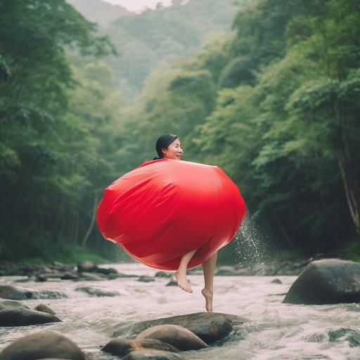 chinese 35 years old woman flying in a huge red hot water bag over a big rainforest, in a sunny day, she is happy and relax. --v 5