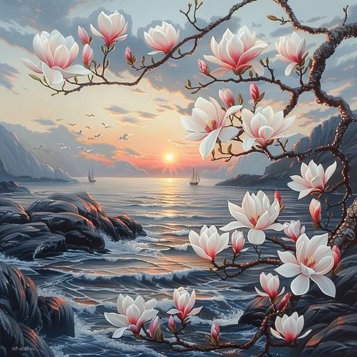 chinese folk art painting of magnolia branch blooming white and pink flowers in a Norwegian Fiordland, swirled of mist create wavy patterns, steep rocks, sunrise on the horizon line, fishing boats in the background with seagulls flying above, bright colors, sunrise tones, and Rembrandt lighting. surrealist nature poster--ar 31:16 --stylize 1000 --v 6.0