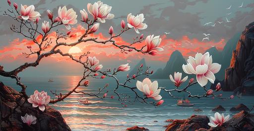 chinese folk art painting of magnolia branch blooming white and pink flowers in a Norwegian Fiordland, swirled of mist create wavy patterns, steep rocks, sunrise on the horizon line, fishing boats in the background with seagulls flying above, bright colors, sunrise tones, and Rembrandt lighting. --ar 31:16 --stylize 1000 --v 6.0