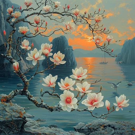 chinese folk art painting of magnolia branch blooming white and pink flowers in a Norwegian Fiordland, swirled of mist create wavy patterns, steep rocks, sunrise on the horizon line, fishing boats in the background with seagulls flying above, bright colors, sunrise tones, and Rembrandt lighting. surrealist nature poster--ar 31:16 --stylize 1000 --v 6.0
