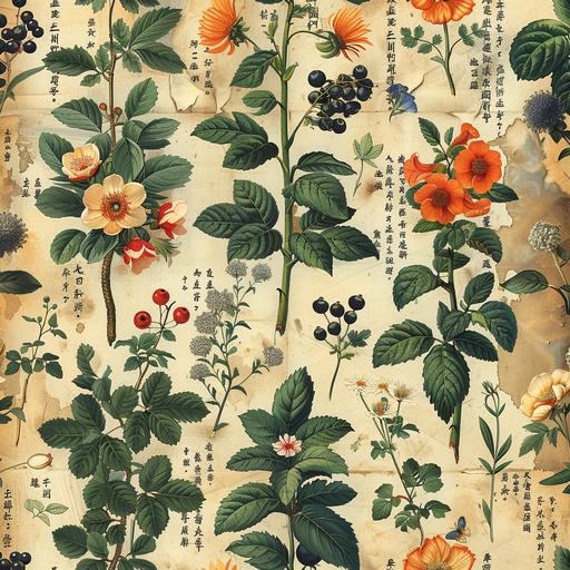 chinese herb seamless patterned vintage print, tiled, orange color theme,seamless --s 750