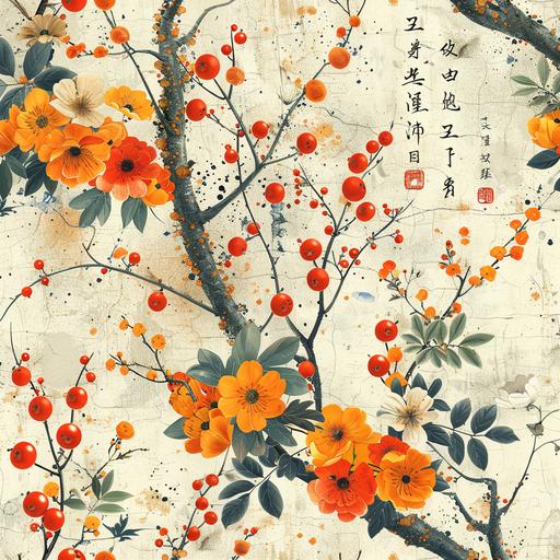 chinese herb seamless patterned vintage print, tiled, orange color theme,seamless --s 750