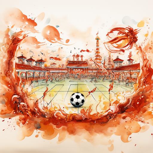 chinese new year celebration. 5 a side Soccer field, calligraphy art with watercolors, fireworks, dragon