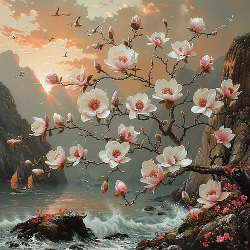 chinese surrealist painting of magnolia branch blooming white and pink flowers in a Norwegian Fiordland, swirled of mist create wavy patterns, steep rocks, sunrise on the horizon line, fishing boats in the background with seagulls flying above, bright colors, sunrise tones, and Rembrandt lighting. surrealist nature poster--ar 31:16 --stylize 1000 --v 6.0