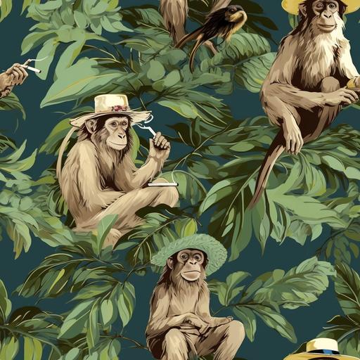 chintz seamless pattern, background of banana leaves, foreground of monkeys smoking cigars and lounging in trees --tile --s 50