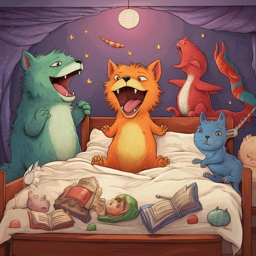 Please Draw a colo image described below. Tommy is in bed. three imaginary animals singing in front of tommy's bed.