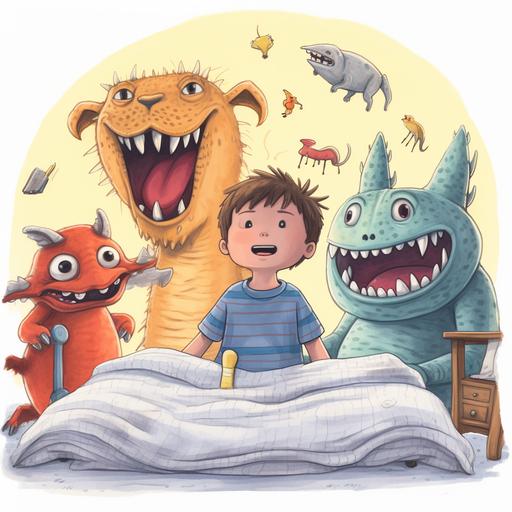 Please Draw a colo image described below. Tommy is in bed. three imaginary animals singing in front of tommy's bed.