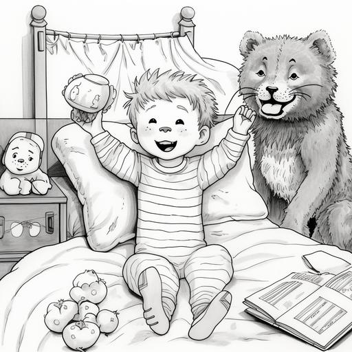 Please Draw a coloring book what is described below. Tommy is in bed. three imaginary animals singing in front of tommy.
