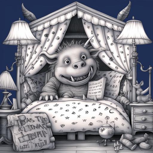 Please Draw a coloring book what is described below. Tommy is in bed. three imaginary animals singing in front of tommy's bed.