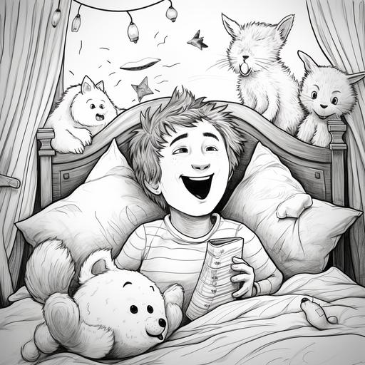 Please Draw a coloring book what is described below. Tommy is in bed. three imaginary animals singing in front of tommy.