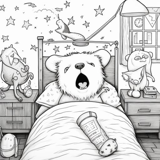 Please Draw a coloring book what is described below. Tommy is in bed. three imaginary animals singing in front of tommy's bed.