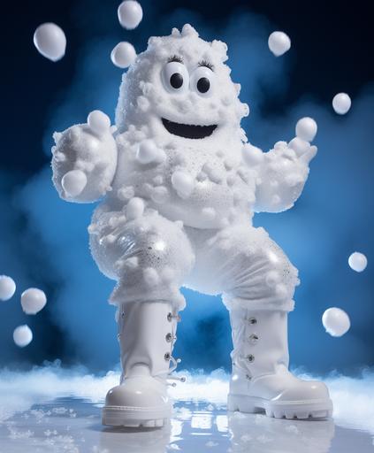 bubbly character with white bubbly boots on stage, funny, professional photography, --ar 10:12