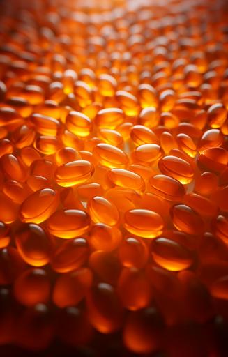 image completely full of of tiny round and transparent orange gel capsules, thousands of capsules photographed from above, realistic 3d render, chaos 50, --ar 9:14