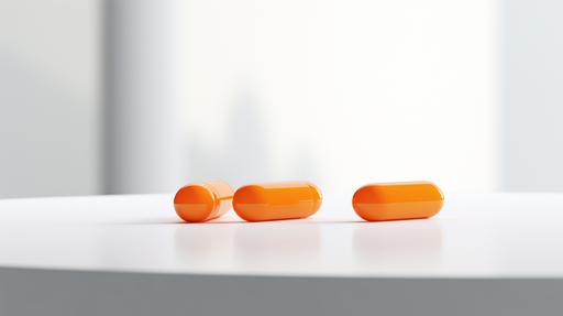 minimalistic image of two orange gel capsules on a white table, close up, simplified, realistic 3d render, white hues, octane, vray, --ar 16:9