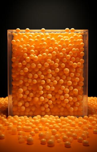 thousands of round orange gel pills poured inside of a glass box, realistic 3d render, --ar 9:14