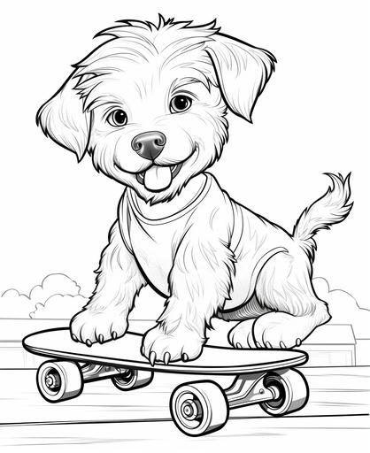 coloring page for kids, dog skateboarding, cartoon style, thick lines, low detail, no shading --ar 9:11