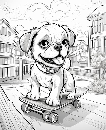 coloring page for kids, dog skateboarding, cartoon style, thick lines, low detail, no shading --ar 9:11