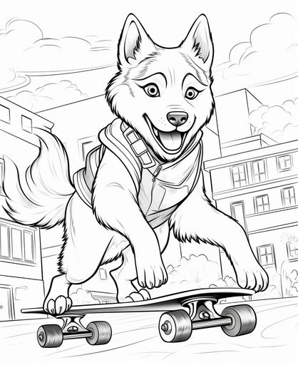 coloring page for kids of a husky skateboarding on his hind legs doing tricks at the skatepark, thick lines, low detail, no shading --ar 9:11