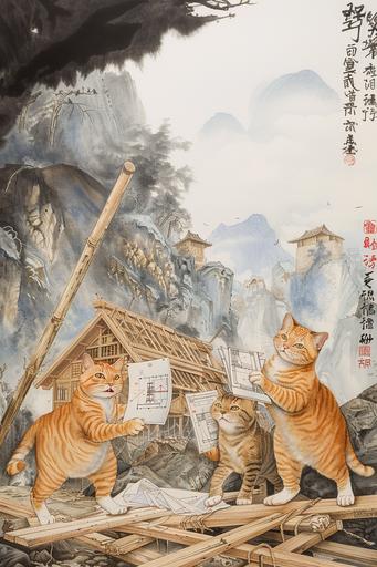cho-jyu-giga style. Cats are working to build a house. One carries lumber and the other two fight over the blueprints. Only the framework of the house is completed. The background is deep in the mountains. Humorous taste. --ar 2:3