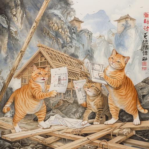 cho-jyu-giga style. Cats are working to build a house. One carries lumber and the other two fight over the blueprints. Only the framework of the house is completed. The background is deep in the mountains. Humorous taste.