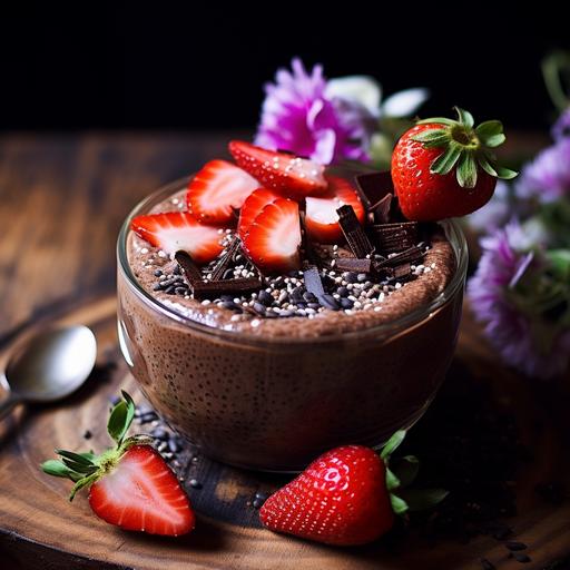 chocolate chia pudding, strawberries, flowers, aesthetics, wood, tossed, cut, indulgent