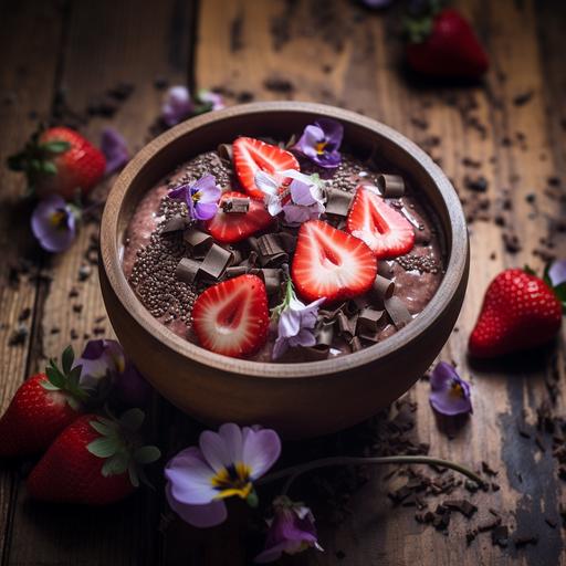 chocolate chia pudding, strawberries, flowers, aesthetics, wood, tossed, cut, indulgent