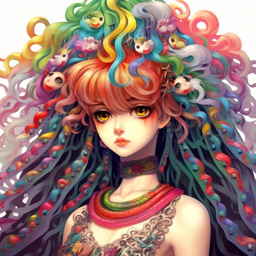 choir photo: colorful kawaii wormcore colorful anime medusa girls, colorful strings of eyeball-beads in hair --ar 1:1